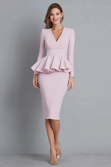 V Neck Ruffled Sheath Pink Midi Work Dress